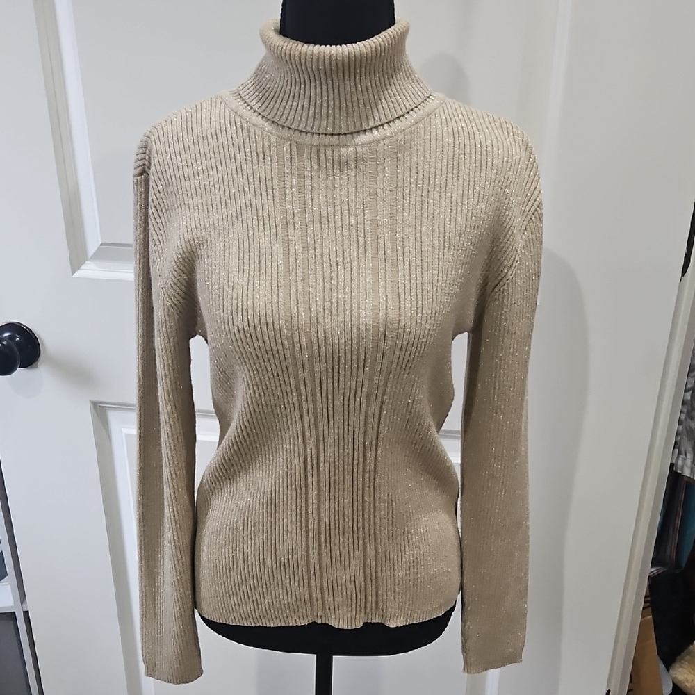 Liz Claiborne Women's Sparkle Gold Tan Turtleneck Sweater